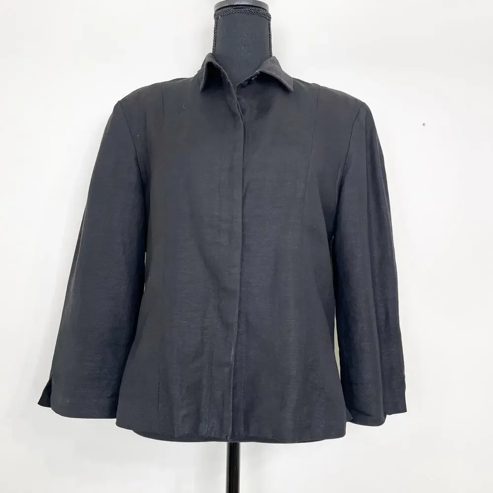 Herman Geist‎ Linen Blazer Jacket Sz10 Black Hidden Buttons Closure Professional